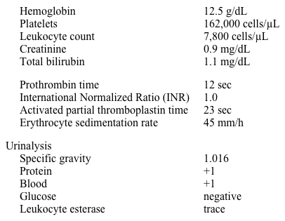 A 20-year-old man is brought to the emergency department because of abdominal pain and vomiting.  He has had mid-abdominal pain and dark stools for the last two days and his appetite has decreased.  Over the last week, he has been 'feeling down' and has noticed a rash over both thighs.  He denies any fever, chills, back pain, or diarrhea. He suffered from mild intermittent asthma as a child but otherwise has an unremarkable past medical history.  He does not smoke or consume alcohol.  He denies any illicit drug use except for smoking marijuana several times in the past.  He went camping in Vermont three weeks ago and travelled to Eastern Europe six months ago.  While in Eastern Europe he had several bouts of diarrhea.  He is sexually active with his girlfriend and uses condoms regularly. His temperature is 36.7 C (98 F) , blood pressure is 122/76 mmHg, and pulse is 98/min.  On physical examination, no murmurs are heard.  His abdomen is mildly tender without rebound.  Stool for occult blood is positive.  There are crops of purple non-blanching lesions affecting both thighs.  Neurologic examination is unremarkable. Laboratory results are as follows:   Which of the following is most likely to establish this patient's diagnosis? A) Abdominal imaging B) Autoantibody testing C) Peripheral blood smear D) Serologic testing for infection E) Skin biopsy