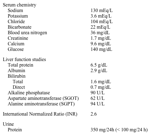 <strong>A 72-year-old veteran is admitted to the hospital due to worsening abdominal pain and distension for the past 4 weeks.  He recently moved back to his home town to be close to his family.  The patient was admitted to the hospital approximately 6 months ago with leg swelling and fluid in his belly, and a large-volume paracentesis was performed for symptomatic relief. The patient has a history of hypertension, hyperlipidemia, atrial fibrillation, myocardial infarction, and coronary artery bypass grafting 5 years ago.  He also has a history of Hodgkin lymphoma treated with chemotherapy and radiation therapy 20 years ago.  He quit smoking 30 years ago but drinks 1 or 2 glasses of wine almost every day and hard liquor occasionally.  Medications include aspirin, atenolol, pravastatin, valsartan, warfarin, and over-the-counter vitamin supplements. The patient's temperature is 37.2 C (99 F), blood pressure is 110/60 mm Hg, pulse is 88/min, and respirations are 22/min.  Pulse oximetry is 92% on room air.  Two spider angiomata are seen on the upper chest.  Jugular venous pressure is elevated at 16 cm H<sub>2</sub>O.  The lungs are clear to auscultation.  Cardiac examination reveals irregular heart sounds with no significant murmur or rub.  His abdomen is soft with ascites on palpation.  There is 2+ pitting lower-extremity edema bilaterally up to the mid-thighs. Laboratory results are as follows:   ECG shows atrial fibrillation and low-voltage QRS complexes in the precordial leads. Which of the following would help most in establishing this patient's diagnosis?</strong> A)Abdominal ultrasound B)Echocardiography C)Kidney biopsy D)Liver biopsy E)V/Q scan of the lungs <div style=padding-top: 35px> 