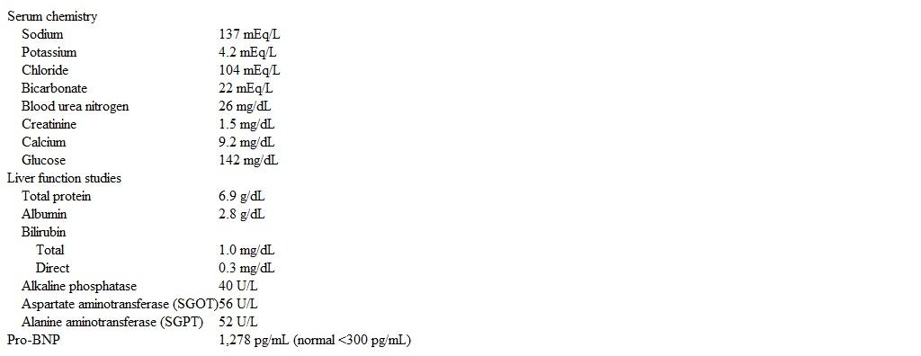 <strong>A 68-year-old woman is admitted to the hospital due to shortness of breath and lower extremity swelling for the past 6 weeks.  Her medical history includes hypertension, hypothyroidism, type 2 diabetes mellitus, hyperlipidemia, obstructive sleep apnea, and stage II chronic kidney disease.  The patient had a transient ischemic attack with right carotid endarterectomy 8 years ago.  Home medications include aspirin, levothyroxine, hydrochlorothiazide, lisinopril, atorvastatin, and glipizide.  She has never used tobacco. Temperature is 37.2 C (99 F), blood pressure is 122/80 mm Hg, pulse is 84/min, and respirations are 22/min.  Pulse oximetry is 92% on 3 L oxygen via nasal cannula.  Jugular venous pressure is elevated at 12 cm H<sub>2</sub>O.  Lung examination reveals decreased breath sounds at the bases with bibasilar rales up to the lower one-third of the chest.  Cardiac examination reveals a normal S1 and S2 and an audible S4 over the cardiac apex.  There is a 1/6 holosystolic murmur heard over the cardiac apex.  The patient has 3+ lower extremity edema up to her knees.  The remainder of her physical examination is within normal limits. Laboratory results are as follows:   ECG results are shown in the exhibit.   Initial chest x-ray reveals cardiomegaly and bilateral pulmonary vascular congestion, along with small, bilateral pleural effusions. A transthoracic echocardiogram shows normal left ventricular size and a left ventricular ejection fraction of 65%.  Moderate, concentric left ventricular hypertrophy is present.  The left atrium is moderately dilated.  A central jet of mild mitral regurgitation is present.  Pulmonary artery systolic pressure is estimated at 45 mm Hg. Which of the following is the most appropriate next step in management of this patient?</strong> A)Optimal volume control B)Pulmonary function tests C)Right heart catheterization D)Treatment with angiotensin II receptor blockers E)Treatment with beta blockers <div style=padding-top: 35px> 