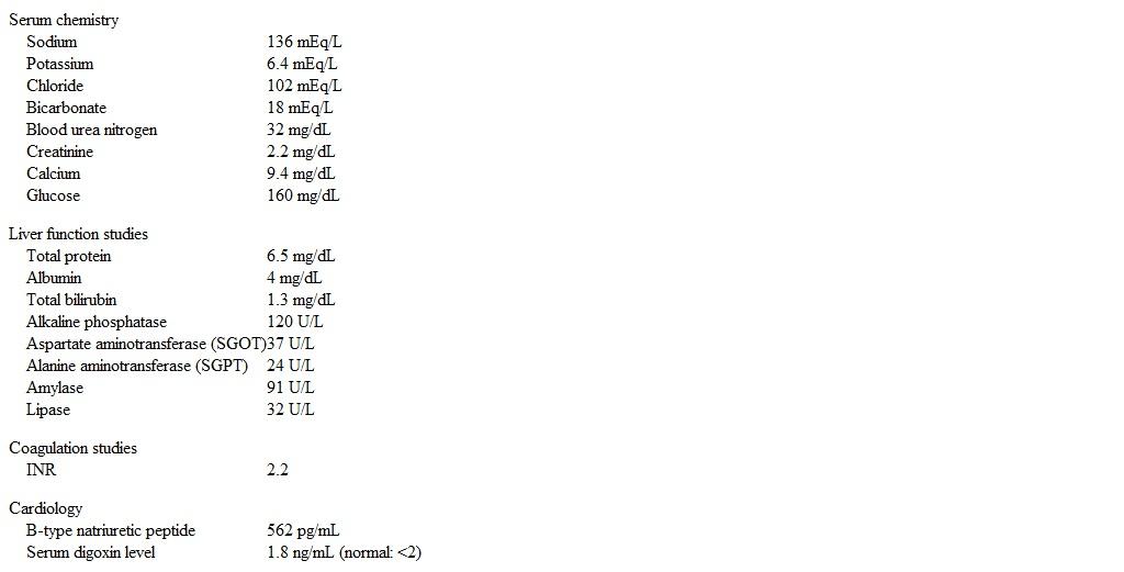 <strong>A 76-year-old woman comes to the emergency department due to fatigue, nausea, and abdominal pain for the past 2 weeks.  She feels weak and has not been eating much.  She also has black spots in her vision when she watches television.  Medical history includes hypertension, type 2 diabetes mellitus, persistent atrial fibrillation, myocardial infarction with coronary artery bypass grafting 10 years ago, and ischemic cardiomyopathy with an ejection fraction of 30%.  The patient was hospitalized 6 months ago with an episode of decompensated heart failure but has had no recent illnesses.  Medications include aspirin, furosemide, valsartan, carvedilol, atorvastatin, spironolactone, digoxin, warfarin, and insulin. Temperature is 36.7 C (98 F), blood pressure is 120/74 mm Hg, and pulse is 50/min.  Mucous membranes are dry and the neck veins are flat.  The lungs are clear to auscultation.  Heart sounds are regular with a faint ejection systolic murmur present over the aortic area.  The abdomen is soft with mild, diffuse tenderness over the epigastric area with deep palpation.  Neurologic examination is unremarkable. Laboratory results are as follows:   ECG shows a regular narrow-complex rhythm at 48/min, no P waves, and occasional ventricular premature beats.  While in the emergency department, the patient also has an asymptomatic 9-beat run of nonsustained ventricular tachycardia that resolves spontaneously. Which of the following is the best treatment for this patient?</strong> A)Calcium gluconate B)Digoxin-specific antibody (Fab) fragments C)Insulin and dextrose D)Intravenous amiodarone E)Intravenous glucagon <div style=padding-top: 35px> 