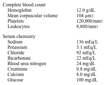 A 60-year-old man with alcoholism is admitted after being found unresponsive in the street.  No other history is available. His temperature is 37.1 C (98.8 F) , blood pressure is 130/86 mm Hg, pulse is 110/min and regular, and respirations are 20/min.  On examination, the patient is disheveled and appears chronically ill.  He has decreased muscle mass and no subcutaneous fat.  He responds to painful stimuli and has slurred speech.  Carpal spasm was noted in the hand of the arm in which his blood pressure was taken.  Mucous membranes are dry and there is no moisture in the axillae.  He has nystagmus on end lateral gaze of both eyes.  No other focal neurologic findings are present. Laboratory results are as follows:   Intravenous thiamine and fluids consisting of 3 L normal saline/5% dextrose containing 40 mEq of potassium are administered over 4 hours.  Electrolytes are re-measured with the following results:   Which of the following is the most likely cause of this patient's hypokalemia? A) Beta-adrenergic stimulation B) Hypomagnesemia C) Primary hyperaldosteronism D) Refeeding syndrome E) Renal tubular acidosis