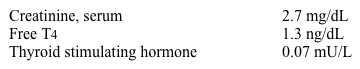 <strong>An 80-year-old man is hospitalized because of an acute exacerbation of chronic obstructive pulmonary disease.  He is started on high-dose systemic steroids, bronchodilator nebulization, and antibiotics.  He initially receives non-invasive positive pressure ventilation for 12 hours.  On the third day of hospitalization, his breathing improves but he complains of fluttering in his chest.  He denies chest pain or dizziness.  He had similar symptoms in the past that were transient and occurred mostly at night.  His other medical problems include type 2 diabetes mellitus, hypertension, hypercholesterolemia, chronic kidney disease, and osteoarthritis. On examination, he appears comfortable.  His temperature is 36.7 C (98 F), blood pressure is 110/60 mm Hg, pulse is 124/min, and respirations are 20/min.  The patient's pulse oximetry is 96% on 2 liters of oxygen.  His jugular venous pressure is normal.  Lung auscultation reveals mild bilateral wheezing and prolonged expiration.  He has no hepatomegaly, peripheral edema, or thyromegaly. /_ /_Laboratory results are as follows:   ECG reveals atrial fibrillation with rapid ventricular response. Which of the following would be the most helpful in diagnosing this patient's thyroid disorder?</strong> A)Radioactive iodine uptake and scan B)Repeat thyroid function tests in few days C)Reverse triiodothyronine (rT3) levels D)Thyroid ultrasound E)Triiodothyronine (T3) levels <div style=padding-top: 35px> 