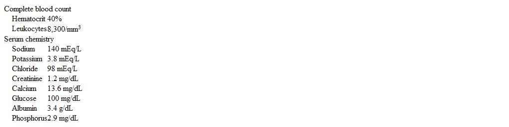 <strong>A 48-year-old woman is admitted to the hospital from the emergency department due to fatigue and confusion.  She had been well until 2 months prior to admission when she began to feel tired and lost her appetite.  Over the next several weeks, the patient experienced nausea, constipation, and weight loss.  Recently, she has also had difficulty concentrating at work, and on the day of admission her daughter visited her at home and found her confused.  The patient has had no fever, chills, or depression.  Medical history is notable for rheumatoid arthritis, which was previously treated with methotrexate but has been quiescent in the absence of therapy for several years.  She is an ex-smoker with a 30-pack-year smoking history.  Her mother died of lung cancer at age 50. Blood pressure is 138/78 mm Hg and pulse is 89/min.  Mucous membranes appear dry.  There is no lymph node enlargement.  Breast examination is unremarkable.  The lungs are clear to auscultation.  The spleen is not palpable.  There are no skin rashes. Laboratory results are as follows:   Serum calcium was normal 6 months ago.  Which of the following is the most likely cause of this patient's hypercalcemia?</strong> A)Bone metastases B)Parathyroid hormone C)Parathyroid hormone-related peptide D)Renal tubular dysfunction E)Vitamin D metabolite <div style=padding-top: 35px> 