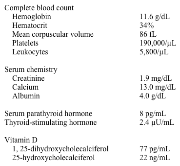 <strong>A 32-year-old African American man is admitted to the hospital due to dizziness.  For the past 2 weeks he has had decreased appetite, nausea, dry cough, constipation, and excessive urination.  He has had no fever or night sweats and was in good health prior to these symptoms.  The patient has no other medical problems and takes no medications.  He has 10-pack-year history of smoking.  He admits to drinking a few beers on weekends but does not use illicit drugs. His blood pressure is 110/70 mm Hg and pulse is 110/min.  Lung examination shows normal breath sounds.  The remainder of the examination is normal. Laboratory results are as follows:   Chest x-ray is shown below.   In addition to intravenous fluids, which of the following medications is most appropriate for this patient?</strong> A)Calcitonin B)Cinacalcet C)Furosemide D)Prednisone E)Zoledronate <div style=padding-top: 35px> 
