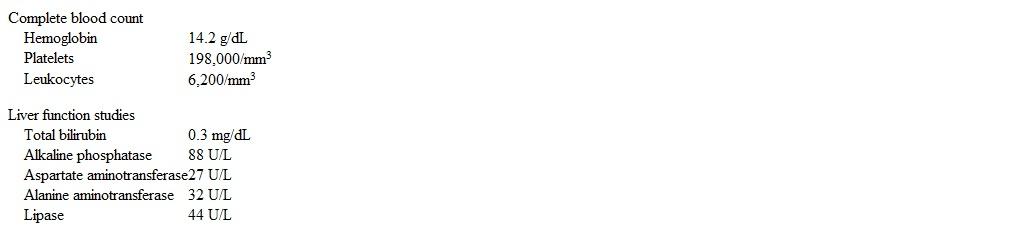 <strong>A 78-year-old man is evaluated for gallstones.  The patient has a history of benign prostate hyperplasia and was admitted to the hospital earlier today with lower abdominal discomfort and difficulty voiding.  Evaluation revealed a distended urinary bladder and serum creatinine of 1.3 mg/dL.  A urinary catheter was placed, draining 400 mL of cloudy urine.  He was started on empiric antibiotics and an alpha-adrenergic antagonist.  Abdominal ultrasonography revealed no hydronephrosis, but 2 large gallstones were seen with no gallbladder wall thickening or dilation of the common bile duct.  The patient has had intermittent abdominal bloating and mild nausea in the past but reports no fever, chills, pain in the right upper quadrant, or jaundice.  Other medical problems include hypertension and type 2 diabetes mellitus. Temperature is 36.6 C (98 F), blood pressure is 144/83 mm Hg, and pulse is 78/min.  BMI is 44 kg/m<sup>2</sup>.  Physical examination reveals mild suprapubic and epigastric tenderness on deep palpation, which does not accentuate on inspiration.  There is no rebound tenderness. Laboratory results are as follows:   Which of the following is the best next step in management of this patient's gallstones?</strong> A)Begin ursodeoxycholic acid therapy B)Obtain MR cholangiography C)Offer cholecystectomy D)Perform hepatobiliary cholescintigraphy (HIDA scan) E)Provide reassurance with no further intervention <div style=padding-top: 35px> 