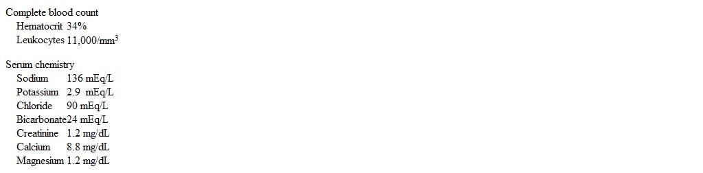 <strong>A 79-year-old nursing home resident is admitted to the hospital for nausea, vomiting, and abdominal distension.  He has had little oral intake over the last 48 hours.  This morning, workers at his facility noticed that his abdomen was distended.  The patient's medical history is remarkable for advanced dementia, coronary artery disease, hypertension, cerebrovascular accident, atrial fibrillation with rapid ventricular response, chronic low back pain, and gastroesophageal reflux disease.  Medications include aspirin, furosemide, hydrocodone with acetaminophen, metoprolol, calcium, vitamin D, simvastatin, and omeprazole.  He was hospitalized for a myocardial infarction 3 months ago. The patient's temperature is 36.7 C (98 F), blood pressure is 131/78 mm Hg, pulse is 98/min, and respirations are 18/min.  Pulse oximetry shows an oxygen saturation of 98% on room air.  BMI is 22 kg/m<sup>2</sup>.  Lungs are clear to auscultation.  The abdomen is distended and nontender.  Bowel sounds are present with increased tympany to percussion throughout. Laboratory results are as follows:   Abdominal radiograph reveals marked dilation of the cecum, right hemicolon, and transverse colon with a maximal colonic diameter of 11.3 cm.  Abdominal CT scan confirms colonic dilation with no evidence of mechanical obstruction or bowel wall thickening. Intravenous fluids are administered along with potassium and magnesium supplementation. Which of the following is the best initial management for this patient?</strong> A)Intravenous metoclopramide B)Intravenous neostigmine C)Percutaneous tube cecostomy D)Serial abdominal examinations E)Subcutaneous methylnaltrexone <div style=padding-top: 35px> 