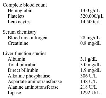 A 44-year-old woman is brought to the emergency department with 2 days of abdominal pain.  She has had worsening upper abdominal pain associated with nausea and multiple episodes of non-bloody vomiting.  She also reports subjective fevers and chills.  The patient's past medical history is notable for hypertension.  She drinks alcohol socially and does not use tobacco or recreational drugs.  Her last drink was a week ago. Temperature is 38.4 C (101.2 F) , blood pressure is 116/60 mm Hg, pulse is 112/min, and respirations are 18/min.  BMI is 34 kg/m<sup>2</sup>.  Mucous membranes are dry and there is mild scleral icterus.  There is tenderness in the mid-epigastrium and right upper quadrant without rebound or guarding.  Rectal examination is notable for brown guaiac-negative stool. Laboratory results are as follows:   CT scan of the abdomen shows diffuse pancreatic enlargement and heterogenous attenuation with peripancreatic inflammation.  The liver appears normal.  The gallbladder has multiple small gallstones with surrounding gallbladder wall edema.  The common bile duct is dilated and measures 12 mm. The patient is made NPO and is started on analgesics, intravenous hydration, and empiric intravenous antibiotics. Which of the following is the most appropriate next step in management of this patient? A) Continue current management and observe closely B) CT-guided percutaneous pancreatic aspiration C) Endoscopic retrograde cholangiopancreatography D) Hepatobiliary iminodiacetic acid (HIDA)  scan E) Surgical evaluation for cholecystectomy