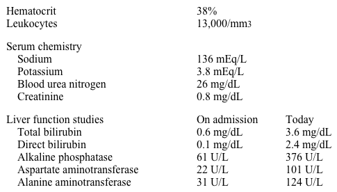A 68-year-old woman admitted for community-acquired pneumonia 4 days ago is evaluated in the hospital for new-onset jaundice.  During morning rounds today, it is noted that she has yellowish discoloration of both eyes.  The patient has no abdominal pain, nausea, or prior history of liver disease, but she has a history of hypertension.  She does not use tobacco, alcohol, or illicit drugs.  Her current medications include azithromycin, ceftriaxone, lisinopril, and acetaminophen as needed. Her temperature is 36.7 C (98 F) , blood pressure is 120/70 mm Hg, and pulse is 72 /min.  The patient's pulse oximetry shows 96% on 2 liters oxygen.  Examination reveals scleral icterus, rales in the right lower lobe, and normal heart sounds without murmurs.  The abdomen is soft and nontender with no organomegaly. Laboratory results are as follows:   Acute viral hepatitis serologies are negative.  Abdominal ultrasound reveals normal liver size and echotexture, a thin-walled nondistended gallbladder, no gallstones or biliary sludge, and a normal common bile duct. Which of the following is the best next step in management of this patient? A) Acetaminophen level B) Change antibiotics C) Cholescintigraphy (HIDA scan)  D) Liver biopsy E) MR cholangiopancreatography