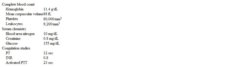 <strong>A 62-year-old man comes to the hospital due to 2 days of bilateral lower extremity swelling and throbbing pain.  Two weeks ago he was admitted to a different hospital with a non-ST elevation myocardial infarction.  He initially received aspirin, metoprolol, nitrates, heparin, a statin, and a glycoprotein IIb/IIIa inhibitor.  Cardiac catheterization showed 3-vessel coronary artery disease and a left ventricular ejection fraction of 40%.  The patient underwent on-pump coronary artery bypass grafting.  His postoperative course was uncomplicated, and he was discharged home with a normal blood count and serum creatinine levels.  He also has a history of hypertension, hyperlipidemia, and type 2 diabetes mellitus.  His current medications include aspirin, metoprolol, lisinopril, atorvastatin, metformin, insulin, and fish oil.  The patient does not use tobacco, alcohol, or illicit drugs. Blood pressure is 135/70 mm Hg, pulse is 78/min, and oxygen saturation is 98% on room air.  Physical examination reveals clear lungs, normal heart sounds, and bilateral pitting edema.  There is no jugular venous distension.  The sternotomy scar is clean, dry, and intact.  The remainder of the examination is unremarkable. Laboratory results are as follows:   Lower extremity ultrasound reveals extensive, bilateral deep venous thrombosis extending into the superficial femoral veins. Which of the following is the most appropriate next step in management of this patient?</strong> A)Initiate direct thrombin inhibitor B)Initiate low-molecular-weight heparin and place an inferior vena cava filter C)Initiate low-molecular-weight heparin only D)Obtain serum fibrinogen level and fibrinogen split products E)Send blood for hypercoagulable workup and initiate low-molecular-weight heparin <div style=padding-top: 35px> 