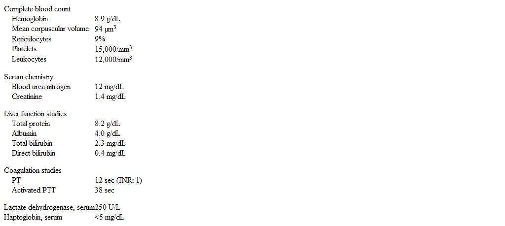 <strong>A 22-year-old hospitalized woman is evaluated for thrombocytopenia.  Three days ago, she was hospitalized due to lower abdominal pain, vaginal bleeding, and fever.  She was diagnosed with a septic abortion, was initiated on cefotetan and doxycycline, and underwent dilation and curettage.  Platelet count at admission was 154,000/mm<sup>3</sup>; yesterday it was noted to be 89,000/mm<sup>3</sup>, with a further decrease on this morning's results.  She has had no epistaxis or visible blood in the urine or stool but has had mild headache and fatigue.  The patient has no known medical problems and no history of blood disorders. Vital signs are normal.  Physical examination shows scattered ecchymoses but is otherwise unremarkable, including benign abdominal and pelvic examinations. Complete laboratory results from today are as follows:   Direct Coombs test is negative.  Peripheral blood smear shows decreased platelets, polychromatophilic red blood cells, and multiple schistocytes with no platelet clumping. Which of the following is the most likely cause of this patient's thrombocytopenia?</strong> A)Antiphospholipid antibody syndrome B)Disseminated intravascular coagulation C)Drug-induced immune thrombocytopenia D)Idiopathic thrombocytopenic purpura E)Thrombotic thrombocytopenic purpura <div style=padding-top: 35px> 