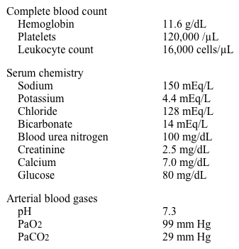 An 89-year-old man is hospitalized because of upper GI bleeding.  He presented two days ago with hematemesis, black stools, and lethargy.  His trachea was intubated for airway protection in the emergency department.  An endoscopy was performed and showed a deep ulcer with a bleeding vessel in the gastric antrum.  Hemostasis was achieved with epinephrine injection, cauterization, and endoclips.  He received 8 units of packed red blood cells and has not required additional transfusions for the past 24 hours.  His other medical problems include hypertension, chronic kidney disease, hypothyroidism, and colon cancer requiring colectomy and adjuvant chemotherapy 9 years ago. The patient undergoes a spontaneous breathing trial in the intensive care unit.  After two hours of 5 cm H<sub>2</sub>O continuous positive airway pressure (CPAP) , his temperature is 36.1 C (97 F) , blood pressure is 110/60 mm Hg, pulse is 94/min, and respirations are 28/min.  The patient's pulse oximetry shows 97% on 40% FiO<sub>2</sub>.  His tidal volumes are 200 mL on average.  He follows commands adequately.  Examination reveals good air entry on both sides and bibasal crackles.  No cardiac murmurs are appreciated.  There is 2+ bilateral pretibial edema.  Muscle strength is 5/5 in both upper and lower extremities. Laboratory results are as follows:   His chest-x ray shows bilateral airspace opacities. Which of the following is the most appropriate next step in management? A) Continue CPAP and repeat arterial blood gases in 60 minutes B) Extubate the patient to nasal cannula C) Extubate the patient to noninvasive ventilation D) Place the patient on assist control E) Refer the patient for tracheotomy
