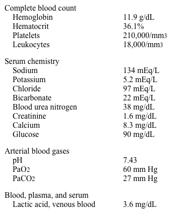 A 55-year-old woman is hospitalized for shortness of breath, productive cough, and pleuritic chest pain.  Her medical problems include major depression and schizophrenia, and her medications are unknown.  In the emergency department, her trachea is intubated due to respiratory distress, a right internal jugular catheter is placed, and normal saline is administered as repeat boluses. In the intensive care unit, her temperature is 38.9 C (102 F) , blood pressure is 85/42 mm Hg, and pulse is 115/min.  The patient's pulse oximetry shows 90% on assist-control mode with a respiratory rate of 16/min, tidal volumes of 470 mL, fraction of inspired oxygen of 70%, and positive end-expiratory pressure of 10 cm H<sub>2</sub>0.  Examination shows bibasilar crackles and normal first and second heart sounds.  The abdomen is soft and nontender.  There is no peripheral edema.  The extremities are warm to the touch with faint pulses.  Mean central venous pressure is 14 mm Hg. Laboratory results are as follows:   Chest x-ray shows bilateral diffuse alveolar opacities. Which of the following interventions is the best next step in management of this patient? A) Dobutamine infusion B) Hydrocortisone injection C) Norepinephrine infusion D) Red blood cell transfusion E) Repeat normal saline boluses