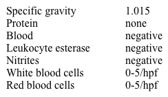 A 39-year-old man is admitted to the hospital for acute alcoholic pancreatitis.  His initial APACHE II score was 20, suggestive of severe disease.  Within the first 48 hours, he received a total of 10 liters of intravenous fluid resuscitation.  Because of decreasing oxygenation, he was intubated and started on mechanical ventilation.  Due to increased oxygen requirements, both PEEP and FiO2 were progressively increased.  Over the past 12 hours, his urine output decreased and his serum creatinine increased from 1.2 mg/dL at admission to 2.2 mg/dL at present. His blood pressure is 110/70 mm Hg and pulse is 98/min.  Jugular venous pressure is elevated.  Lung examination reveals bilateral crackles at the lung bases.  His abdomen is diffusely tender and tensely distended.  Bowel sounds are diminished.  There are no flank or periumbilical ecchymoses.  There is 3+ pitting edema to mid-thighs bilaterally. Urinalysis results are as follows:   Which of the following would most likely establish the cause of the acute kidney injury? A) Abdominal CT scan B) Fractional excretion of sodium C) Measurement of bladder pressure D) Renal ultrasound E) Serum complement levels