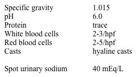 A 47-year-old man with known HIV infection is admitted for shortness of breath and non-productive cough.  He has not been adherent with his medications and has not received medical attention for two years.  His other medical problems include hepatitis C, lower extremity neuropathy, and tonic-clonic seizures.  His last seizure episode was 7 years ago.  He receives 2 L of intravenous normal saline in the emergency department and is started on trimethoprim-sulfamethoxazole and prednisone for presumed pneumocystis pneumonia. Forty-eight hours later, his serum creatinine increased from 1.3 to 1.6 mg/dL. His temperature is 37.8 C (100 F) , blood pressure is 102/70 mm Hg supine and 105/68 mm Hg standing, and pulse is 112/min.  He has crackles in both posterior lung bases.  His liver is palpated 2 cm below the costal margin.  There is no peripheral edema. Urinalysis results are shown below:   Which of the following is the most likely cause of his elevated creatinine? A) AIDS nephropathy B) Early interstitial nephritis C) Pre-renal acute kidney injury D) Sulfamethoxazole crystalluria E) Tubular effect of trimethoprim