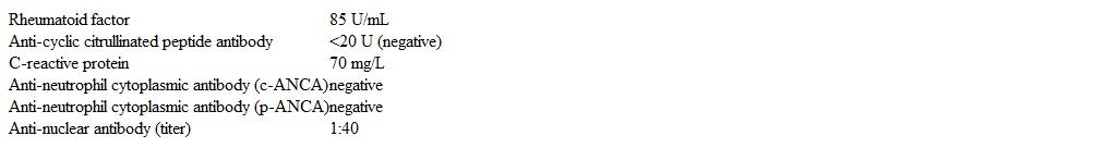 A 48-year-old man is admitted to the hospital for recurrent, diffuse abdominal pain.  The pain has occurred intermittently for the past 8 months and is worse after eating.  Four months ago, the patient underwent emergency laparoscopic surgery with resection of necrotic gallbladder and omental tissue, but he continued to have symptoms.  In addition, the patient has experienced intermittent testicular pain and a 13.7-kg (30-lb)  weight loss since the onset of symptoms.  Medical history is notable for chronic hepatitis B, exercise-induced asthma, acid reflux disease, and renal stones.  The patient has a 25-pack-year smoking history and drinks alcohol occasionally.  His medications include an albuterol inhaler and omeprazole as needed. Temperature is 38 C (100.5 F) , blood pressure is 180/100 mm Hg, pulse is 78/min, and respirations are 12/min.  On examination, the patient appears anxious and diaphoretic.  Cardiopulmonary examination is normal.  Abdominal palpation elicits diffuse tenderness without any rebound or guarding.  Bowel sounds are present.  No abdominal masses are palpable, and the stool is negative on guaiac testing.  The right testicle appears swollen and tender.  There are no skin rashes. Laboratory results show normal serum chemistry, liver function studies, and complete blood count.  Other study results are as follows:   Blood cultures, urinalysis, and urine culture are normal.  Chest x-ray and ECG are also normal. Which of the following is the most likely diagnosis? A) Essential mixed cryoglobulinemia B) Granulomatosis with polyangiitis C) Henoch-Schönlein purpura D) Microscopic polyangiitis E) Polyarteritis nodosa