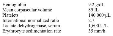 A 54-year-old man comes to the physician with fatigue and decreased exercise tolerance over the last 6 months.  He denies cough, chest pain, syncope, or weight loss.  He had aortic valve replacement with a mechanical valve due to bicuspid aortic valve stenosis 7 years ago.  Coronary angiography prior to surgery showed no evidence of coronary artery disease.  His medications include warfarin and antacids for occasional heartburn. His blood pressure is 122/70 mm Hg and pulse is 89/min and regular.  Jugular venous pressure is estimated at 9 cm H<sub>2</sub>O.  A faint early diastolic murmur is heard at the left sternal border.  Lungs are clear on auscultation.  The liver span is 9 cm, and the tip of the spleen is not palpable.  There is no edema of the lower extremities. Laboratory results are as follows:   Which of the following is the most likely diagnosis? A) Colonic angiodysplasia B) Hemolytic anemia C) Large-vessel vasculitis D) Lymphoma E) Staphylococcus aureus endocarditis