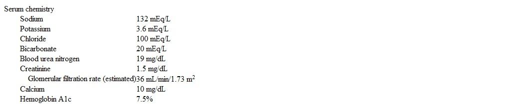 <strong>An 84-year-old woman comes to the office to follow up on multiple chronic medical conditions.&nbsp; She has intermittent dizziness and has recently fallen twice, although she was not injured.&nbsp; During the most recent episode, the patient was standing in the living room when she felt lightheaded and slipped backward onto a chair.&nbsp; She did not lose consciousness or experience involuntary movements.&nbsp; Medical history is notable for hypertension, type 2 diabetes mellitus, severe osteoporosis, coronary artery disease, and chronic renal disease.&nbsp; Current medications include hydrochlorothiazide, low-dose metformin, vitamin D, and metoprolol, and she has taken alendronate for the past 4 years. Supine blood pressure is 129/75 mm Hg, pulse is 66/min, and respirations are 16/min.&nbsp; Physical examination shows a grade 2/6 midsystolic murmur at the right second intercostal area, moderately severe thoracic kyphosis, and decreased pulses bilaterally in the feet.&nbsp; The remainder of the examination is normal. Laboratory results are as follows:   Complete blood count is within normal limits. Which of the following is the most appropriate next step in management of this patient?</strong> A)Add amlodipine B)Add sitagliptin C)Stop alendronate D)Stop hydrochlorothiazide E)Stop metformin and start glipizide <div style=padding-top: 35px> 