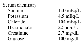 <strong>A 50-year-old woman seeks follow-up for chronic kidney disease diagnosed during routine laboratory workup before knee surgery. A 24-hour urine shows 1.5 g/day of proteinuria, and urinalysis shows a few granular casts. Her history, physical examination, and screening laboratory findings do not indicate a cause for her chronic kidney disease. A renal ultrasound reveals echogenic kidneys measuring about 9 cm bilaterally without evidence of obstructive uropathy. She takes no medications. Her blood pressure is 152/92 mm Hg and pulse is 79/min. The physical examination is within normal limits. The patient's most recent laboratory results are as follows: Which of the following would be the best therapeutic agent for this patient?</strong> A)Amlodipine B)Benazepril C)Carvedilol D)Clonidine E)Hydrochlorothiazide