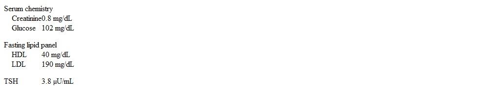 <strong>A 62-year-old man comes to the office to follow up hypertension.&nbsp; He has a long history of hypertension treated with amlodipine and obstructive sleep apnea requiring continuous positive airway pressure at night.&nbsp; The patient does not use tobacco, alcohol, or illicit drugs and has no medication allergies. Blood pressure is 134/90 mm Hg and pulse is 78/min.&nbsp; BMI is 33 kg/m<sup>2</sup>.&nbsp; Physical examination is unremarkable. Laboratory results are as follows:   Liver function tests are normal. The patient is counseled on indications for lipid-lowering therapy with statin drugs.&nbsp; He is at greatest risk for which of the following adverse effects if he starts high-intensity atorvastatin therapy?</strong> A)Acute liver failure B)Hemorrhagic stroke C)New-onset diabetes mellitus D)New-onset hypothyroidism E)Rhabdomyolysis <div style=padding-top: 35px> 