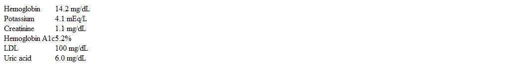 A 65-year-old man comes to the office for follow-up on hypertension.  He was diagnosed with hypertension 2 years ago and has since followed a low-salt diet and tried to lose weight.  At the patient's last clinic visit 8 weeks ago, his blood pressure was 176/95 mm Hg.  Medical history is notable for gout; he had 2 episodes of gouty arthritis last year that affected his right big toe and right knee.  Allopurinol was prescribed following the first episode but was discontinued after the patient developed oral ulcers.  The patient does not use tobacco and drinks alcohol socially. Blood pressure is 174/101 mm Hg and pulse is 79/min.  BMI is 30 kg/m<sup>2</sup>.  Examination shows normal S1 and S2.  There are no carotid bruits.  The lungs are clear bilaterally.  Peripheral pulses are full and symmetric. Laboratory results are as follows:   Liver function tests and urinalysis are unremarkable. Which of the following is the best initial treatment for this patient? A) Atenolol B) Hydrochlorothiazide C) Hydrochlorothiazide and metoprolol D) Losartan and amlodipine E) Metoprolol and lisinopril