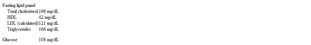 A 49-year-old woman comes to the office to discuss her risk of heart disease.  Her husband recently died of an acute myocardial infarction, and she says,  I need to take care of myself so I can be there for my kids.   The patient's medical history is unremarkable and she takes no medications.  Her mother died of dementia at age 76, and her father died of chronic obstructive pulmonary disease at age 68.  She has a 30-pack-year smoking history but quit after her husband's heart attack, and she drinks a can of beer every day.  The patient has a sedentary occupation and does not engage in regular exercise. Blood pressure is 129/79 mm Hg and pulse is 80/min.  BMI is 32 kg/m<sup>2</sup>.  Physical examination shows central obesity but is otherwise unremarkable. Laboratory results are as follows:   In addition to providing guidance on increasing physical activity, which of the following is the most appropriate recommendation to reduce the risk of cardiovascular disease in this patient? A) Add an antioxidant vitamin supplement to reduce the risk of coronary events B) Eliminate alcohol intake to reduce the risk of heart failure C) Initiate a low-carbohydrate diet to facilitate weight loss D) Initiate a Mediterranean-style diet to reduce the risk of cardiovascular mortality E) Restrict sodium intake to 1,500 mg/day to reduce the risk of stroke