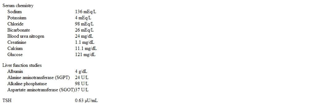 A 56-year-old woman comes to the emergency department due to acute dyspnea and cough.  She has a history of chronic obstructive pulmonary disease (COPD)  treated with inhaled albuterol, tiotropium, and fluticasone.  The patient's other medical problems include hypertension and hypothyroidism, for which she takes lisinopril, hydrochlorothiazide, and levothyroxine.  She also takes a daily over-the-counter supplement containing vitamin D and calcium carbonate.  The patient has a 25-pack-year smoking history but quit after the diagnosis of COPD was made 4 years ago.  She experienced menopause at age 49 and has no history of low trauma fracture or loss of height. Blood pressure is 140/80 mm Hg, pulse is 108/min, and respirations are 24/min.  Oxygen saturation is 94% on 2 L of oxygen via nasal cannula.  BMI is 29 kg/m<sup>2</sup>.  Chest examination reveals coarse rhonchi bilaterally, and the remainder of the physical examination is unremarkable. Laboratory results are as follows:   The patient is admitted to the hospital and treated with systemic glucocorticoids, antibiotics, and inhaled bronchodilators.  On the third day of hospitalization, repeat serum calcium is 11.2 mg/dL and parathyroid hormone is 60 pg/mL (normal: 10-65) . Which of the following is the most likely cause of this patient's hypercalcemia? A) Dehydration-induced hypercalcemia B) Drug-induced hypercalcemia C) Hypercalcemia of malignancy D) Parathyroid hormone-mediated hypercalcemia E) Vitamin D toxicity