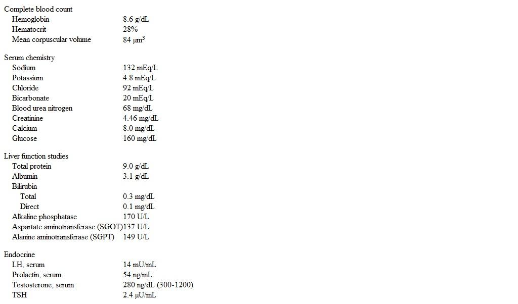 A 46-year-old man comes to the office due to fatigue, loss of libido, and erectile dysfunction for the past 4 months.  His other medical problems include type 2 diabetes, hypertension, hyperlipidemia, seizure disorder, hepatitis C, hypothyroidism, and chronic kidney disease.  The patient's current medications include long-acting insulin, lisinopril, amlodipine, furosemide, aspirin, levothyroxine, calcitriol, calcium carbonate, and phenytoin.  He has a remote history of cocaine and heroin use 20 years ago and has smoked a pack of cigarettes daily for the past 25 years.  He does not drink alcohol. Blood pressure is 155/95 mm Hg and pulse is 80/min.  BMI is 35 kg/m<sup>2</sup>.  Examination shows hepatomegaly and 1+ pitting edema to the mid-shin bilaterally.  Secondary sexual characteristics and testicular examination are unremarkable.  Visual fields are normal on confrontation. Laboratory results are as follows:   Which of the following is the most likely cause of this patient's hyperprolactinemia? A) Chronic kidney disease B) Hepatitis C C) Hypothyroidism D) Medications E) Seizure disorder