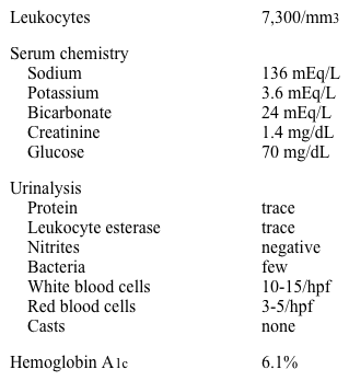 A 78-year-old woman is brought to the physician by her daughter due to intermittent dizziness, weakness, and confusion.  The patient was seen for fever and dysuria 3 days ago and started on trimethoprim/sulfamethoxazole.  Her other medical problems include type 2 diabetes mellitus, hypertension, and chronic kidney disease with a baseline serum creatinine of 1.3 mg/dL.  Her chronic medications include hydrochlorothiazide, amlodipine, glyburide, atorvastatin, calcium, vitamin D, and alendronate. Her temperature is 36.8 C (98.2 F) , blood pressure is 140/85 mm Hg supine and 144/89 mm Hg standing, pulse is 84/min, and respirations are 20/min.  BMI is 19 kg/m<sup>2</sup>.  There are no focal neurologic findings.  Her Mini-Mental State Examination score is 24/30. Laboratory results are as follows:   Which of the following is the best next step in management of this patient? A) Discontinue glyburide B) Discontinue hydrochlorothiazide C) Order CT scan of the head D) Order renal ultrasound E) Send urine cultures and adjust antibiotics