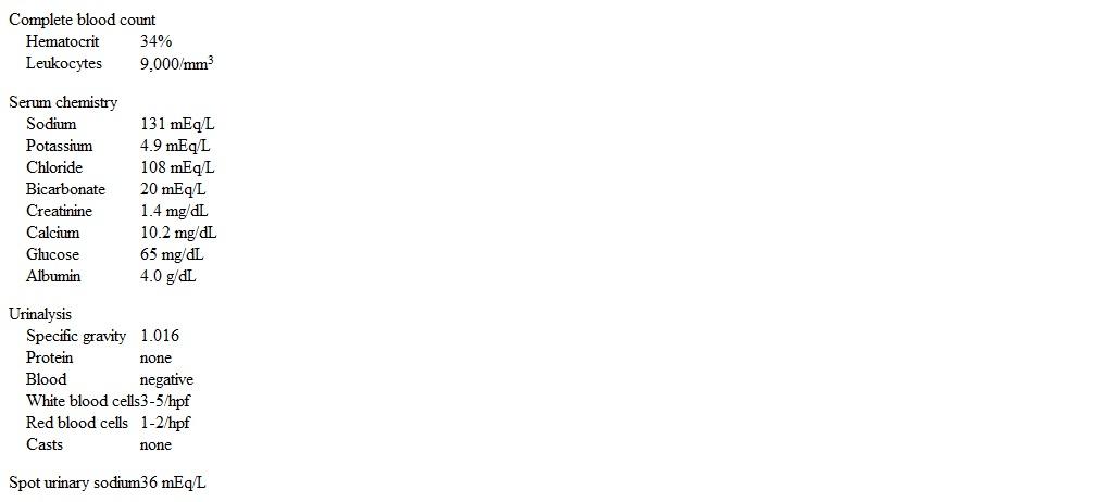 A 34-year-old woman comes to the office due to generalized weakness and extreme fatigue.  She has had a sore throat, rhinorrhea, and cough productive of a small amount of clear sputum for the past 3 days.  The patient has also experienced intermittent anorexia, nausea, and weight loss over the last several months.  She has a history of primary hypothyroidism and takes 100 µg of levothyroxine daily.  The patient does not use tobacco, alcohol, or illicit drugs. Temperature is 37.6 C (99.8 F) , blood pressure is 90/60 mm Hg, and pulse is 110/min.  Cardiac, lung, and abdominal examinations are unremarkable. Laboratory results are as follows:   Which of the following is the most likely cause of this patient's current symptoms? A) Acute interstitial nephritis B) Adrenal insufficiency C) Atypical pneumonia D) Excess thyroid hormone intake E) Syndrome of inappropriate antidiuretic hormone