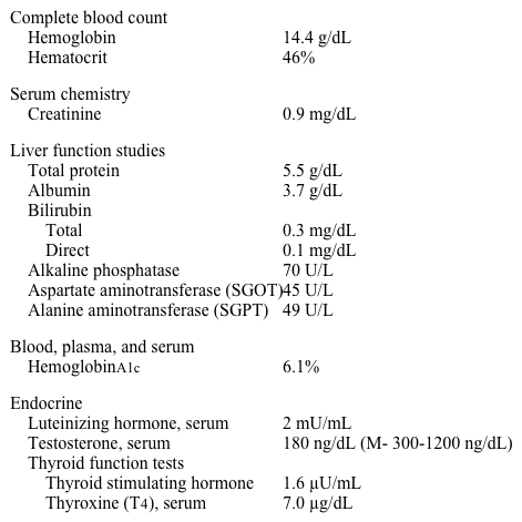 A 30-year-old man comes to the physician because of decreased sexual desire over the last 3 months.  He says that he is otherwise healthy and has no other complaints.  His other medical problems include hypercholesterolemia and migraine headaches.  He was prescribed topiramate 4 months ago by his previous primary care physician for frequent headaches, but it did not seem to help much.  He does not use tobacco or drink alcohol.  He has a sedentary lifestyle and has gained 24 lbs (10.9 kg)  in the past 3 years.  His sister suffers from migraine headaches and his father had a myocardial infarction at the age of 45. His blood pressure is 132/80 mm Hg and pulse is 72/min.  The patient's body mass index (BMI)  is 32 kg/m<sup>2</sup>.  Examination shows no gynecomastia or hepatomegaly.  He has normal secondary sexual characteristics.  His testes are normal in size and consistency.  The remainder of the examination is within normal limits. Laboratory results are as follows:   Which of the following is the most appropriate next step in management? A) Iron studies B) Prolactin level C) Suggest weight loss and follow up in a few weeks D) Testosterone therapy E) Topiramate discontinuation and clinical follow-up