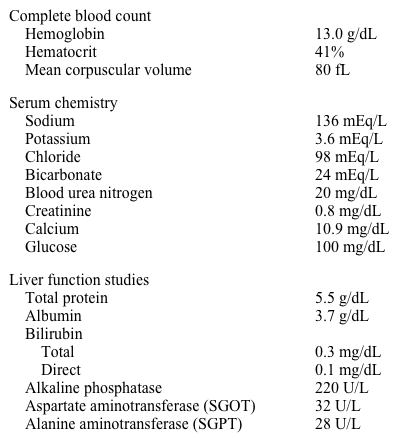 A 35-year-old man comes to the office due to fatigue, palpitations, and weight loss.  He has lost more than 4.5 kg (10 lb)  in the last few months.  He has been under a lot of stress at work, and his sleep is poor.  The patient also has bilateral eye irritation, excessive tearing, and redness.  He has no fever, shortness of breath, bone pain, or abdominal symptoms.  He takes lisinopril for hypertension. The patient tested negative for HIV 5 months ago after a new sexual encounter.  He takes no over-the-counter medications.  He smoked cigarettes for a year when he was in his early 20s.  The patient drinks a glass of red wine every Friday.  He works as a manager in a department store.  His father died of prostate cancer at age 65, and his mother had a lumpectomy for breast cancer. Temperature is 37.2 C (99 F) , blood pressure is 150/80 mm Hg, pulse is 104/min and regular, and respirations are 18/min.  The patient has no enlarged lymph nodes, and his spleen is not palpable.  There is swelling of soft tissues around his eyes but no proptosis.  The remainder of the physical examination is unremarkable. Laboratory results are as follows:   Repeat serum calcium is 10.8 mg/dL.  Serum parathyroid hormone is 7 pg/mL, 1,25-dihydroxyvitamin D is 19 pg/mL (25-65 pg/mL) , and 25-hydroxyvitamin D is 30 ng/mL (15-80 ng/mL) . Which of the following is most likely to provide the etiology for this patient's hypercalcemia? A) CT scan of the chest and neck B) Parathyroid hormone-related peptide measurement C) Repeat HIV testing D) Serum protein electrophoresis E) Thyroid function tests