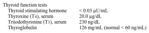 A 27-year-old woman comes to the physician because of poor sleep, hand tremors, and heat intolerance for the last 2-3 weeks.  She denies fever or neck pain and she has no previous medical problems.  She does not use tobacco or alcohol.  She takes a multivitamin in addition to dietary supplements and she exercises daily.  Her mother had Graves' disease and was treated with radioiodine.  Her sister has hypothyroidism. Her blood pressure is 150/80 mm Hg, pulse is 120/min, and respirations are 20/min.  Her BMI is 23 kg/m<sup>2</sup>.  Neck examination shows mild, diffuse thyroid enlargement without any palpable nodule, tenderness, or bruit.  She has lid lag without exophthalmos.  Her hands are warm and sweaty with fine tremors.  The remainder of the examination is unremarkable. Laboratory results are as follows:   Electrocardiogram shows sinus tachycardia with a heart rate of 120/min with non-specific ST-T changes.  Radioactive iodine uptake at 24 hours is 2% (normal 10-30%) .  Urine pregnancy test is negative. Which of the following is the best next step in management? A) Beta-blocker B) High-dose corticosteroid C) Methimazole D) No medications, repeat thyroid function in 6 weeks E) Radioactive iodine ablation