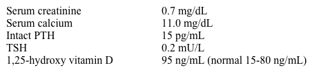 A 51-year-old woman comes to the physician because of a persistent dry cough after an upper respiratory infection 2 months ago.  She denies hemoptysis, chest pain, or weight loss.  She is an ex-smoker with a 25 pack-year smoking history. Her blood pressure is 130/72 mm Hg and her pulse is 74/min.  Her BMI is 24 kg/m<sup>2</sup>.  Lungs are clear to auscultation.  The abdomen is soft and non-tender.  The remainder of the physical examination is within normal limits. Laboratory results are as follows:   Chest x-ray reveals hilar adenopathy and a 2.0 cm left lower lung nodule. Which of the following is the most likely cause of this patient's hypercalcemia? A) Parathyroid adenoma B) Sarcoidosis C) Squamous cell carcinoma D) Thyrotoxicosis E) Vitamin D intoxication