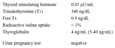 A 32-year-old woman comes to the physician because of palpitations and mild anxiety over the last two months.  She feels fatigued and has difficulty falling asleep at night.  She delivered a healthy child 9 months ago, and her pregnancy was complicated by hypertension that resolved after delivery.  She also gained excessive weight during pregnancy and has been trying to lose weight.  Three months ago, she had an episode of acute sinusitis requiring antibiotic therapy.  She has no other medical issues and does not take any prescription medications.  She does not smoke cigarettes but drinks a few glasses of wine on the weekends. Her blood pressure is 140/80 mm Hg and pulse is 100/min.  Her BMI is 32 kg/m<sup>2</sup>.  The thyroid gland is non-tender and is not enlarged.  The remainder of the physical examination is unremarkable. Laboratory results are as follows:   Which of the following is the most likely diagnosis? A) Chronic autoimmune thyroiditis B) Factitious thyrotoxicosis C) Graves' disease D) Postpartum thyroiditis E) Subacute (de Quervain's)  thyroiditis