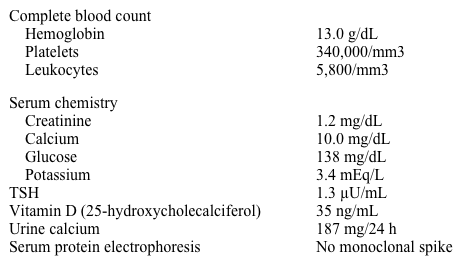 A 46-year-old woman comes to the office with a 3-week history of back pain.  She has experienced no trauma, focal leg weakness, or incontinence.  A compression fracture of the T11 vertebra was found a year ago when she had similar symptoms.  At that time, a dual-energy x-ray absorptiometry scan showed a T score of -3.1 at the lumbar spine and -2.0 at the femoral neck.  She was prescribed alendronate.  The patient has gained about 6.8 kg (15 lb)  over the last year and attributes this to a decrease in physical activity following the first compression fracture.  She now has difficulty climbing up stairs and standing up from a sitting position.  Her last menstrual period was a year ago. Her medical history is significant for diet-controlled diabetes and hypothyroidism.  Her other medications include levothyroxine and calcium with vitamin D.  The patient has no family history of diabetes or osteoporosis.  She does not use tobacco, alcohol, or illicit drugs. Blood pressure is 154/88 mm Hg and pulse is 78/min.  BMI is 35 kg/m<sup>2</sup>.  Tinea versicolor is noted on skin examination.  She has local tenderness at the level of the T8 vertebra.  The remainder of the physical examination is normal. Laboratory results are as follows:   Thoracic spine radiograph shows a new T8 vertebral compression fracture. Which of the following is the best next step in management of this patient? A) Add nasal calcitonin B) Check anti-tissue transglutaminase antibodies C) Perform bone marrow biopsy D) Perform overnight dexamethasone suppression test E) Switch to teriparatide