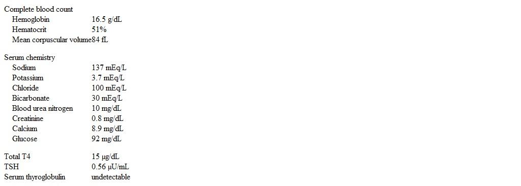 A 34-year-old woman comes to the office due to fatigue.  She feels excessively sleepy during the day and has dull, achy headaches almost every morning.  The patient had papillary thyroid cancer 3 years ago, treated with thyroidectomy followed by postoperative radioactive iodine ablation.  She has post-ablative hypothyroidism, but serum thyroglobulin, total body nuclear iodine scan, and ultrasound of the neck 6 months ago showed no evidence of residual thyroid cancer.  Medical history is notable for vitamin D deficiency.  Current medications include levothyroxine, vitamin D, calcium carbonate, and a combination estrogen/progestin oral contraceptive.  The patient has gained 1.8 kg (4 lb)  since starting the oral contraceptive 2 years ago for heavy, irregular periods.  She has a sedentary lifestyle, and her diet consists mainly of frozen microwavable foods.  She lives alone and has no children.  The patient does not use tobacco, alcohol, or illicit drugs. Blood pressure is 144/80 mm Hg and pulse is 76/min and regular.  BMI is 34 kg/m<sup>2</sup>.  Neck examination shows no masses or lymphadenopathy.  There is trace pitting ankle edema. Laboratory results are as follows:   Which of the following is the best next step in management of this patient? A) Decrease the dose of levothyroxine B) Discontinue birth control pills C) Order polysomnogram D) Perform overnight dexamethasone suppression test E) Start hydrochlorothiazide