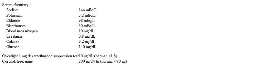 A 36-year-old woman comes to the office due to weight gain of 9 kg (20 lb) , facial hair growth, easy bruising, and muscle weakness over the last 4 months.  She has no other medical problems and takes no medications. Blood pressure is 148/90 mm Hg and pulse is 80/min.  BMI is 31 kg/m<sup>2</sup>.  The patient has an unusually round face with deposition of fat in the supraclavicular and posterior neck areas.  There is coarse terminal hair on her face and lower abdomen.  Skin examination reveals wide striae on the abdomen.  There is also mild proximal muscle weakness. Laboratory results are as follows:   Pregnancy test is negative. Which of the following is the most appropriate next step in management of this patient? A) ACTH level B) CT scan of the adrenal glands C) High-dose dexamethasone suppression test D) MRI of the pituitary gland E) Petrosal venous sinus sampling