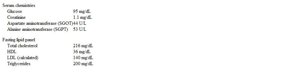 A 42-year-old man comes to the office for further evaluation after a high blood pressure reading on an automated machine at a supermarket.  He has no chronic medical problems and takes no medications.  The patient has felt fatigued lately, which he attributes to stress at work.  He also reports constipation and a 4.5-kg (10-lb)  weight gain since he stopped exercising 9 months ago.  The patient smoked cigarettes for a few years in college but has not smoked for the last 20 years.  He does not use alcohol or illicit drugs.  The patient lives with his girlfriend and has no children. Blood pressure is 145/95 mm Hg and pulse is 66/min.  Repeat blood pressure after 10 minutes is 135/85 mm Hg.  BMI is 31 kg/m<sup>2</sup>.  The patient appears mildly obese, but the remainder of the examination is normal. Fasting laboratory results are as follows:   Which of the following is the most appropriate next step in management of this patient's metabolic abnormalities? A) Advise weight loss and reassess in 3 months B) Initiate statin and ACE inhibitor therapy C) Initiate statin therapy only D) Obtain apolipoprotein B level E) Obtain serum TSH level