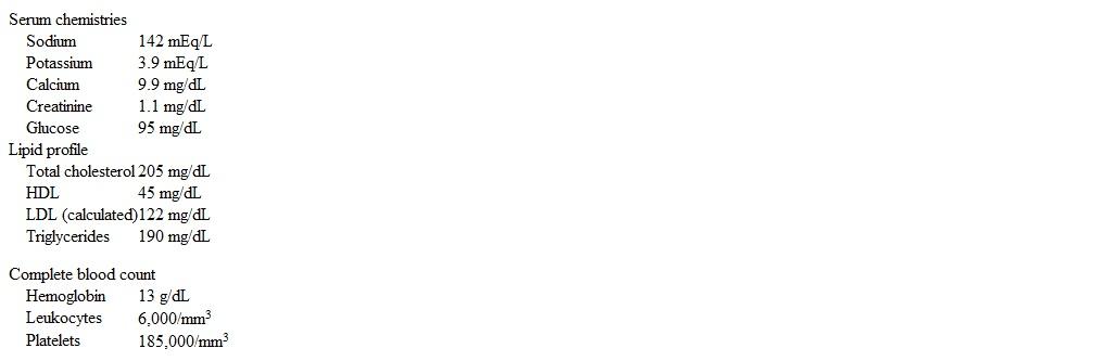 A 52-year-old woman comes to the office to follow up elevated blood pressure, which was 140/100 mm Hg during a routine preventive visit 4 weeks ago.  The patient feels well and has experienced no recent weight changes, headaches, chest pain, palpitations, or polyuria.  Medical history is notable only for gastroesophageal reflux disease managed with dietary modification, and she takes no medications.  Screening colonoscopy at age 50 was normal.  She drinks 1 or 2 glasses of wine most days and does not use tobacco or illicit drugs.  The patient is an only child, and her parents have no unusual health history. Blood pressure is 138/100 mm Hg and pulse is 72/min.  BMI is 27 kg/m<sup>2</sup>.  The patient appears mildly overweight but comfortable.  Physical examination is otherwise unremarkable. Laboratory results are as follows:   Urinalysis is normal.  ECG shows normal sinus rhythm with no significant abnormalities. Which of the following additional studies is most appropriate for this patient? A) Duplex ultrasound of the renal arteries B) Parathyroid hormone level C) Plasma aldosterone and plasma renin activity assay D) Plasma fractionated metanephrines E) Serum TSH level