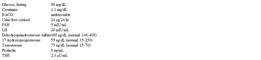 A 19-year-old woman comes to the office due to infrequent menstrual cycles and excessive body hair.  Menarche was at age 11 and her cycles have since been irregular.  The patient has <6 menstrual periods per year with very heavy bleeding.  Her last menstrual period was 4 months ago.  She also reports increased hair growth on her face and trunk.  The patient has no other medical conditions and takes no medications.  She does not use tobacco, alcohol, or illicit drugs.  She is not sexually active.  Family history is significant for hypertension and coronary artery disease in her father and hypertension in her mother.  There is no family history of diabetes mellitus. Blood pressure is 134/88 mm Hg.  BMI is 30 kg/m<sup>2</sup>.  Acanthosis is present on the nape of the neck.  Significant terminal hair is noted on the face, upper chest, lower abdomen, and lower back.  There are pale striae on the abdominal wall.  The remainder of the physical examination is within normal limits. Laboratory results are as follows:   Which of the following is the best next step in management of this patient? A) Order adrenal CT scan B) Order pelvic ultrasound C) Prescribe corticosteroids D) Prescribe metformin E) Prescribe oral contraceptives