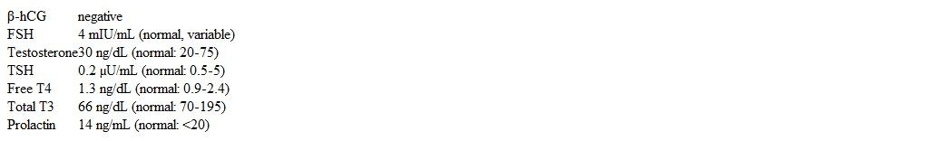 A 22-year-old woman comes to the office for evaluation of amenorrhea.  Her last menstrual period was 5 months ago.  Menarche was at age 11.  The patient had regular menstrual periods up until 5 years ago when they began occurring every 2-3 months and consisted of 3 days of light bleeding.  She feels fatigued and anxious, and has lost 6.8 kg (15 lb)  in the past year.  She has had no headaches, abnormal hair growth, loss of scalp hair, changes in peripheral vision, or hot flashes. The patient has no chronic medical conditions and takes no medications.  She does not use tobacco, alcohol, or illicit drugs.  Her mother has hypothyroidism.  The patient has been training for a marathon for the last 6 months and runs approximately 40 miles each week.  Her diet consists mainly of high-protein bars.  She is single and not sexually active. Blood pressure is 106/78 mm Hg and pulse is 73/min.  BMI is 19 kg/m<sup>2</sup>.  Physical examination is unremarkable. Laboratory results are as follows:   Medroxyprogesterone acetate challenge does not produce uterine withdrawal bleeding. Which of the following is the best next step in management of this patient? A) Order MRI of the pituitary gland B) Order ultrasound of the pelvis C) Order ultrasound of the thyroid D) Prescribe combination oral contraceptives E) Recommend decreased exercise and increased caloric intake