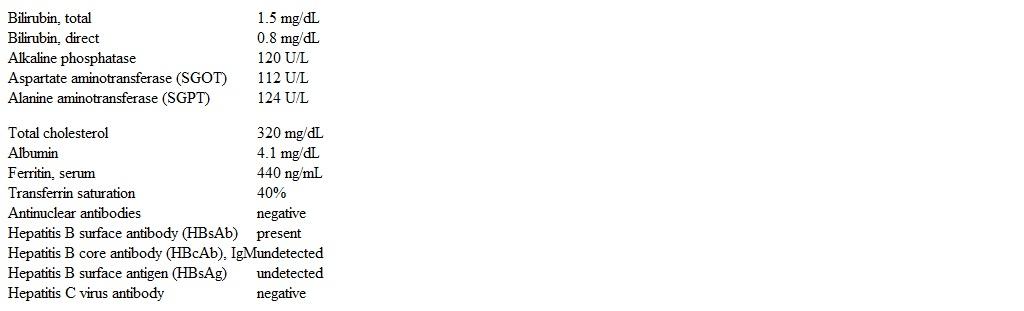 A 41-year-old woman comes to the office for a routine follow-up visit.  The patient has had malaise and mild abdominal discomfort over the last 3-4 months.  Her other medical problems include hypertension, type 2 diabetes mellitus, hyperlipidemia, asthma, and osteoarthritis.  The patient also has a history of breast cancer treated with lumpectomy 5 years ago.  She smokes a pack of cigarettes daily and drinks 1 or 2 glasses of wine on the weekends.  Medications include glyburide, metformin, lisinopril, amlodipine, albuterol, and acetaminophen.  The patient stopped taking a statin 2 months ago due to muscle aches. Blood pressure is 141/78 mm Hg and pulse is 78/min.  BMI is 32 kg/m<sup>2</sup>.  There is no jugular venous distension.  Bilateral scattered wheezes are heard on expiration.  The liver edge is palpated 3 cm below the costal margin.  No splenomegaly is present.  There is 1+ pitting edema of both ankles. Laboratory results are as follows:   Which of the following is the most likely mechanism of hepatomegaly in this patient? A) Autoimmune hepatic injury B) Hepatic iron overload C) Increased central venous pressure D) Increased insulin resistance E) Toxin-induced liver injury