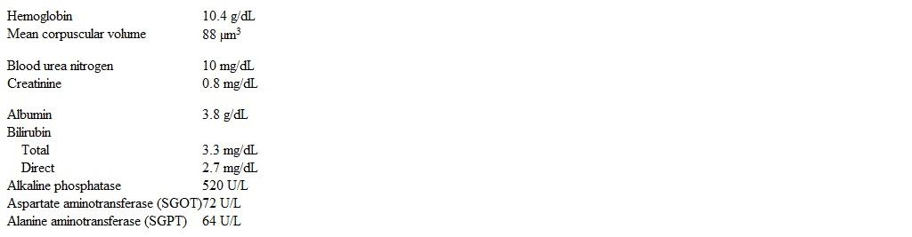 A 32-year-old man comes to the office due to malaise and fatigue over the last 3 months.  The patient also reports mild generalized abdominal discomfort and nausea.  He has lost approximately 2.3 kg (5 lb)  in the last month.  The patient has had no fever, vomiting, diarrhea, back pain, or urinary symptoms.  He has no medical issues and takes no medication.  The patient is a lifetime nonsmoker.  Family history is notable for liver cancer in his father. Physical examination shows right upper quadrant tenderness.  The liver edge is soft and palpable 2 cm below the right costal margin.  Rectal examination shows no abnormalities, and a stool occult blood test is negative. Laboratory results are as follows:   A hepatitis panel shows immunity against the hepatitis B virus.  Ultrasonography shows no gallstones and no common bile duct dilation.  Liver biopsy reveals intrahepatic ductal obliteration with moderate lymphocytic infiltration and periductal  onion skin  fibrosis. Which of the following is the best next step in management of this patient? A) Colonoscopy B) Cyclosporine C) Glucocorticoids D) Serum tumor markers E) Ursodeoxycholic acid