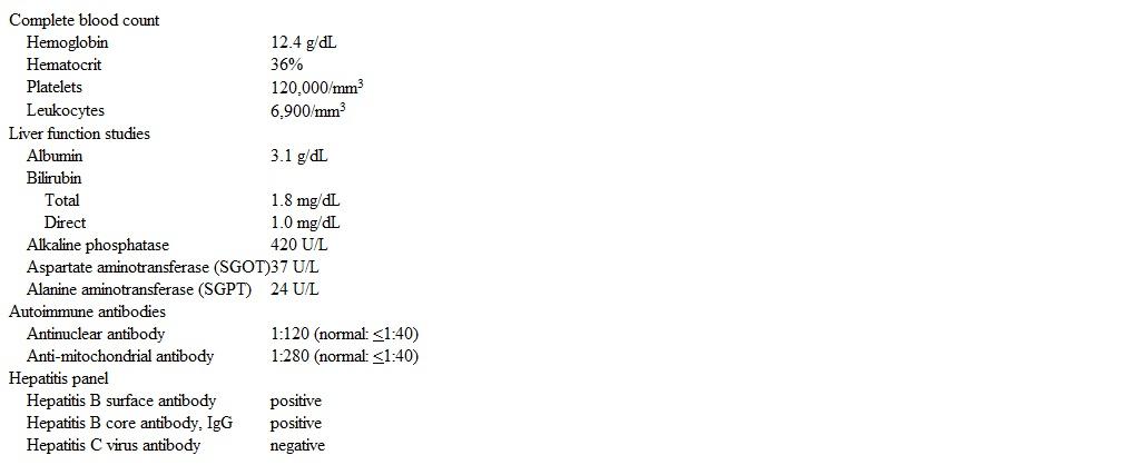 A 44-year-old woman comes to the office due to fatigue.  Medical history is notable for hypertension, obesity, and hypothyroidism; current medications include hydrochlorothiazide, amlodipine, and levothyroxine.  The patient does not use tobacco but drinks 1 or 2 glasses of wine on weekends.  She stopped using recreational drugs approximately 10 years ago. Examination shows multiple skin xanthelasmas, a few scattered hyperpigmented spots, and tenderness in the right upper quadrant of the abdomen.  The liver is palpable 3 cm below the costal margin and mild splenomegaly is present. Laboratory results are as follows:   Which of the following is this patient at the highest risk of developing? A) Aplastic anemia B) Cryoglobulinemia C) Osteoporosis D) Polyarteritis nodosa E) Severe atherosclerosis