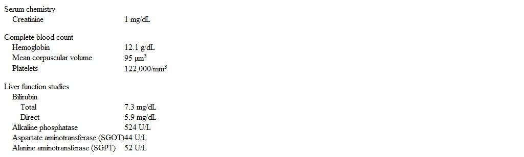 A 56-year-old man comes to the office due to 2 months of upper abdominal discomfort, bloating, and anorexia.  Over this period, the patient has had no nausea, vomiting, or black/tarry stools but has lost 8 kg (17.6 lb) .  He has a history of hypertension and gout.  The patient is an active smoker with a 45 pack-year history and drinks alcohol occasionally.  He traveled to Mexico 3 months ago for vacation. Temperature is 37.2 C (99 F) , blood pressure is 120/70 mm Hg, pulse is 86/min, and respirations are 12/min.  BMI is 29 kg/m<sup>2</sup>.  Scleral icterus is present.  The abdomen is soft and nondistended.  There is mild right upper quadrant discomfort on deep palpation.  The liver edge is palpable 3 cm below the right costal margin.  Stool testing for occult blood is negative.  The remainder of the physical examination shows no abnormalities. Laboratory results are as follows:   Abdominal ultrasound shows dilated intrahepatic and extrahepatic bile ducts.  The gallbladder is enlarged but no gallstones are visualized. Which of the following is the best next step in management of this patient? A) Anti-mitochondrial antibodies B) CT scan of the abdomen C) Endoscopic retrograde cholangiopancreatography D) MR cholangiopancreatography E) Serology for viral hepatitis