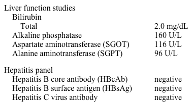 A 24-year-old man is brought to the physician for a follow-up appointment.  He initially presented 4 weeks ago with an acute episode of psychosis and personality changes, and he was prescribed low dose risperidone.  He subsequently developed tremor and gait abnormalities.  The patient's father died from liver failure at age 40.  His mother is alive at age 60 and is a smoker with mild emphysema.  He has two siblings who are alive and healthy.  The patient drinks 2-3 beers daily and has smoked two packs of cigarettes per day for the last five years. His vital signs are within normal limits.  The patient's BMI is 23 kg/m<sup>2</sup>.  Lungs are clear to auscultation.  Examination reveals a nontender abdomen.  The liver is palpable 3 cm below the right costal margin.  A bilateral resting tremor is noted in his hands. Laboratory studies obtained 4 weeks ago during his first visit are shown below.   Complete blood count, renal function panel, urinalysis, and thyroid function testing are within normal limits.  Urine toxicology screen is negative. Which of the following is the most appropriate next step in management? A) Anti-smooth muscle antibodies B) Eye slit lamp examination C) Iron studies D) Lumbar puncture E) Serum alpha-1 antitrypsin levels