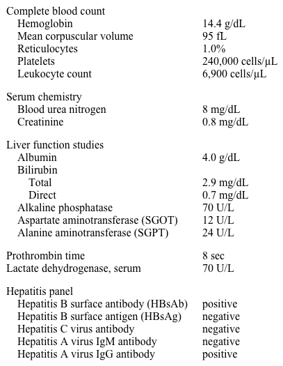 A 25-year-old man comes to the physician for evaluation of abnormal liver tests.  Blood work performed for graduate school enrollment revealed elevated bilirubin levels.  He has no complaints and feels well.  He reports that he had a history of jaundice and hepatitis at the age of 5.  He took azithromycin for an upper respiratory infection approximately 2 months ago.  He has no other medical problems.  He does not smoke or drink alcohol, and he denies any recreational drug use. Physical examination is unremarkable. Laboratory results are as follows:   Which of the following is the best next step in management for this patient? A) Antinuclear antibodies B) CT scan of the abdomen with contrast C) Daily low-dose phenobarbital D) Genetic testing E) Repeat liver function tests in 6-12 months