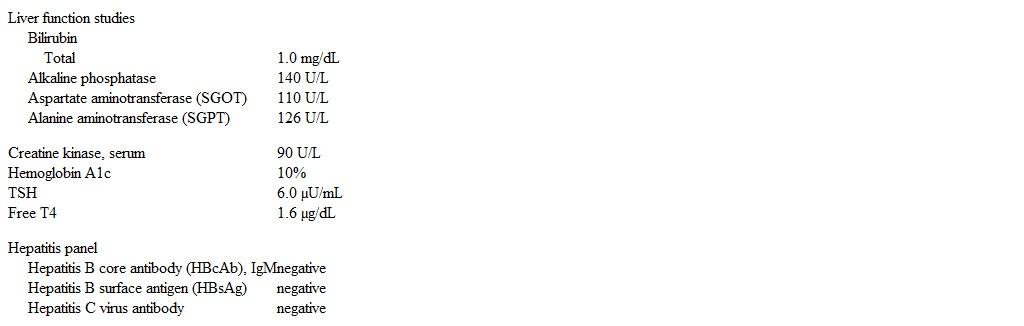 A 40-year-old woman comes to the clinic due to fatigue and generalized weakness for the last 3 months.  She has vague, intermittent right upper quadrant abdominal discomfort without pain, nausea, vomiting, or diaphoresis.  The patient also reports low back pain and bilateral knee pain.  She has had no weight loss or stool changes.  Her other medical problems include polycystic ovarian disease, type 2 diabetes, and hyperlipidemia.  The patient's menstruations are regular, and she does not use any hormonal contraception.  Her medications include glyburide and metformin.  She stopped taking a statin due to muscle cramps.  The patient drinks 1 or 2 beers (350 mL each)  every weekend.  Her father was diagnosed with gallbladder carcinoma at age 65.  Her mother has hypothyroidism and vitiligo. Blood pressure is 142/78 mm Hg and pulse is 92/min.  BMI is 36 kg/m<sup>2</sup>.  Examination reveals an obese and nontender abdomen.  The right knee has mild crepitus.  Pinprick sensitivity is decreased below the knees, and the ankle reflex is absent bilaterally. Laboratory results are as follows:   Ultrasonogram shows gallstones and a hyperechoic, enlarged liver with a 16-cm span.  There is no gallbladder wall thickening or pericholecystic fluid. Which of the following would most likely improve this patient's liver condition? A) Abstinence from alcohol B) Iron chelation therapy C) Thyroid hormone replacement D) Ursodeoxycholic acid E) Weight loss