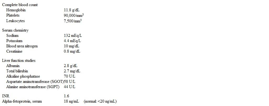 A 58-year-old man comes to the office due to progressive generalized weakness, leg swelling, and abdominal distension for the past several months.  The patient also notes that his previously small umbilical hernia has recently enlarged, and he would like it repaired.  He has no abdominal pain, hematemesis, or melena.  His other medical conditions include type 2 diabetes mellitus, hypercholesterolemia, hypertension, obesity, and nonalcoholic steatohepatitis.  He does not use tobacco, alcohol, or illicit drugs. Blood pressure is 102/76 mm Hg, pulse is 74/min, and respirations are 16/min.  The abdomen is moderately distended with fluid wave but nontender.  There is a large, reducible, umbilical hernia with expansile cough impulse.  There are no dilated superficial veins on the abdominal wall.  Rectal examination reveals a normal-sized, nontender prostate gland and occult blood-negative brown stool.  There is 2+ bilateral lower extremity pitting edema. Laboratory results are as follows:   Ultrasonography of the abdomen shows moderate ascites, splenomegaly, and a shrunken liver with no focal masses.  Ascitic fluid analysis reveals a leukocyte count of 440/mm<sup>3</sup> with 20% neutrophils, protein of 1.8 g/dL, and albumin of 1.2 g/dL.  Ascitic fluid culture is pending. In addition to dietary salt restriction and diuretic therapy, which of the following is the most appropriate next step in management of this patient? A) Fluoroquinolone prophylactic therapy B) Nonselective beta blocker therapy C) Referral for surgical hernia repair D) Triple-phase CT scan of the abdomen E) Upper gastrointestinal endoscopy