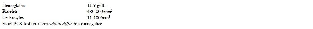 A 32-year-old man is evaluated for a 3-month history of abdominal discomfort and diarrhea.  He has had 3-4 loose stools per day and abdominal cramping that is relieved by bowel movements.  The patient has also had blood in the stool during the past week.  He has had no fevers or night sweats.  Four months ago, the patient was diagnosed with Clostridium difficile colitis after taking antibiotics for a sore throat and was prescribed oral vancomycin.  He has no other chronic medical conditions and takes no medications.  He does not use tobacco, alcohol, or illicit drugs. Temperature is 37.2 C (99 F) , blood pressure is 112/76 mm Hg, and pulse is 88/min.  The abdomen is soft with mild tenderness in the periumbilical and left lower-quadrant areas.  There is no rebound tenderness or rigidity.  Rectal examination shows guaiac-positive stool. Laboratory results are as follows:   Which of the following is the most appropriate next step in management of this patient? A) Colonoscopy with biopsy B) Duodenal aspiration C) Oral rifaximin D) Oral vancomycin E) Selective anaerobic culture
